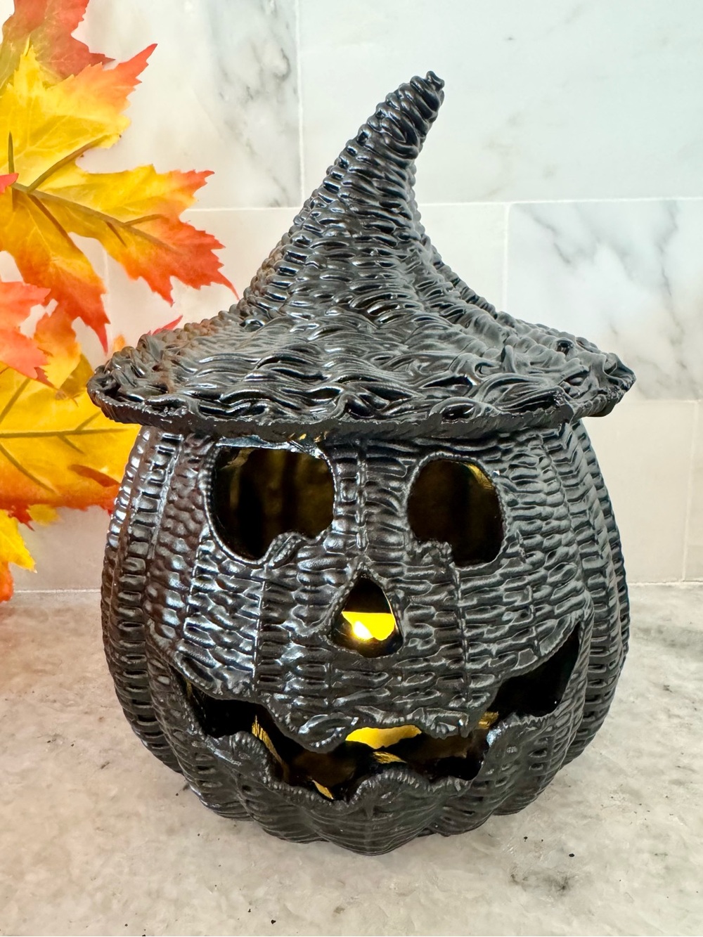 New Halloween RESIN Faux Wicker Black Jack-o'-Lantern Pumpkin w/ Tea Light - 7”